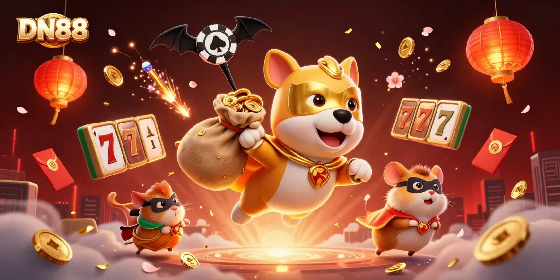 Experience the excitement of DN88 with the dynamic superhero dog and hamster amidst slots and casino elements.