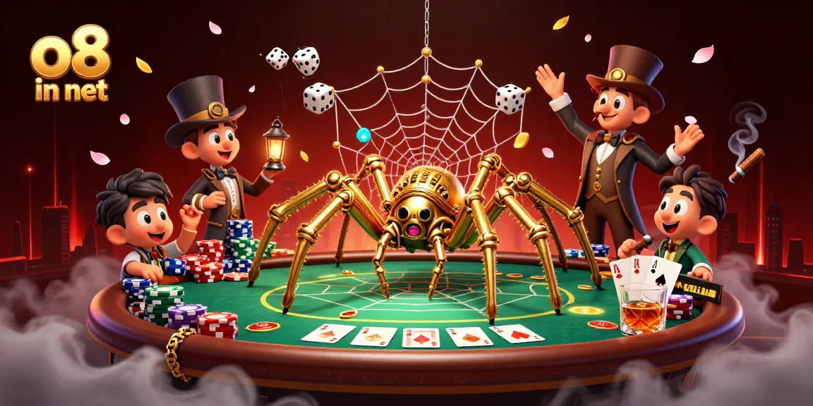 Catch exciting gameplay dynamics with the o8 in net spider webbing golden poker chips and unlucky dice.