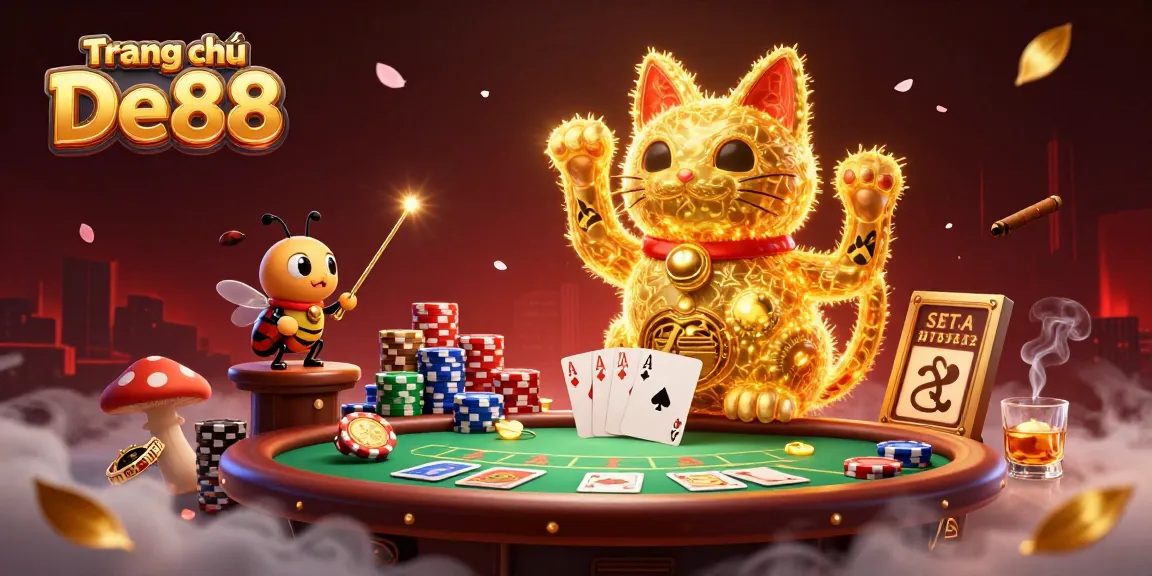 Experience generous wins on Trang chủ De88 with a vibrant lucky cat and thrilling poker symbols.