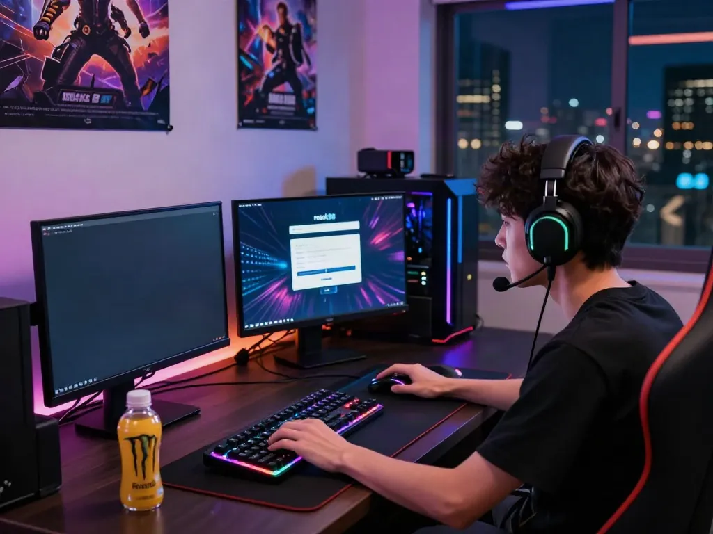 Player engaged in the rokok88 login process at a vibrant gaming setup