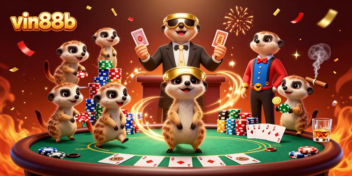 Experience vin88b's thrilling casino world with animated meerkats in action.