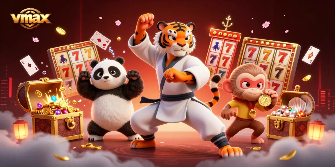 Play and win at vmax with vibrant slots and colorful gaming elements in this lively 3D scene.
