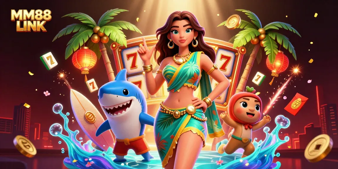 Engage in thrilling activity at MM88 LINK with vibrant 3D characters, slot reels, and lively casino elements.