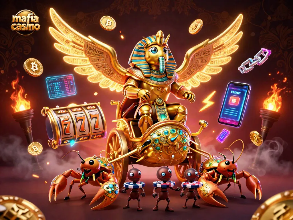 Engage with mafia casino excitement through a dynamic depiction of golden elements and slot machine themes.