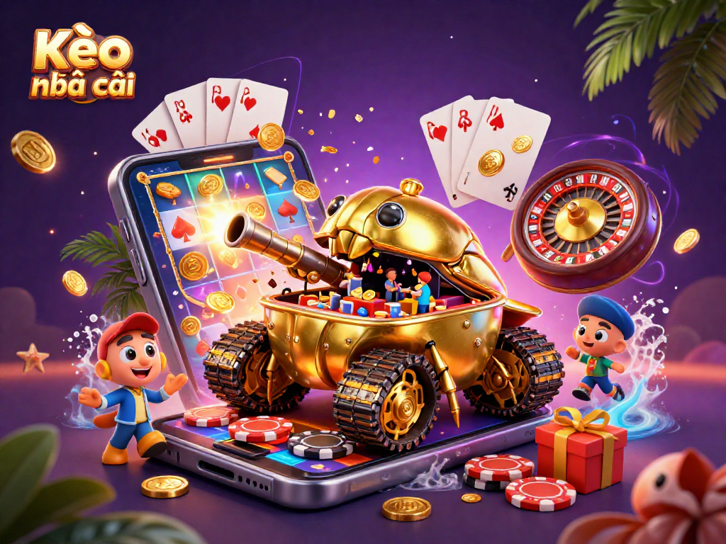 Kèo nhà cái showcases a vibrant 3D cartoon casino scene, featuring a golden beetle tank with a miniature casino.
