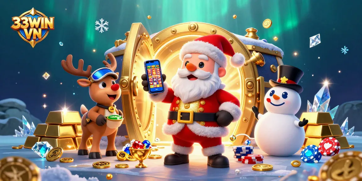 Experience excitement at 33WIN VN with Santa and friends celebrating jackpot slots.