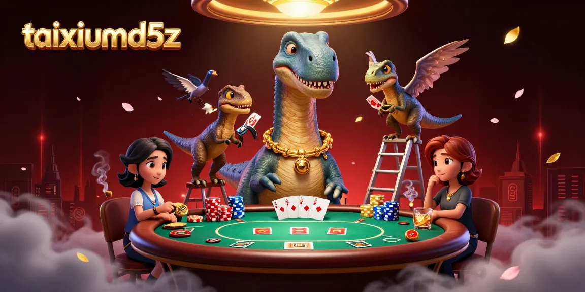 Engage with taixiumd5z at an exciting casino scene featuring a brontosaurus, raptor dealer, and vibrant poker game.