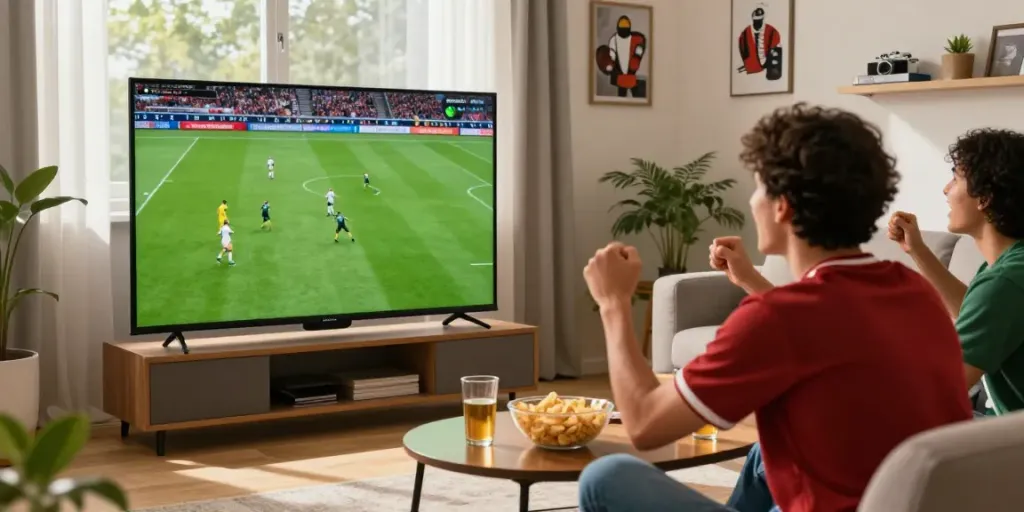 Excited fan enjoying Xoilactv football livestream with friends in cozy living room.