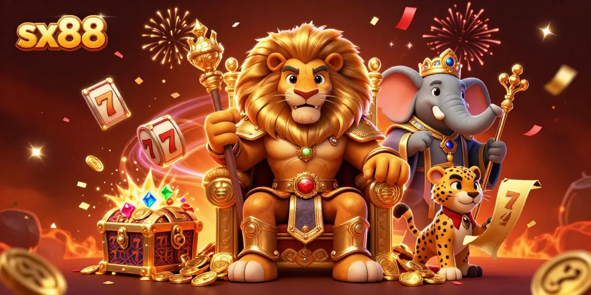 Join the action at sx88 with vibrant slot reels and thrilling entertainment featuring a lion king, elephant advisor, and cheetah messenger.