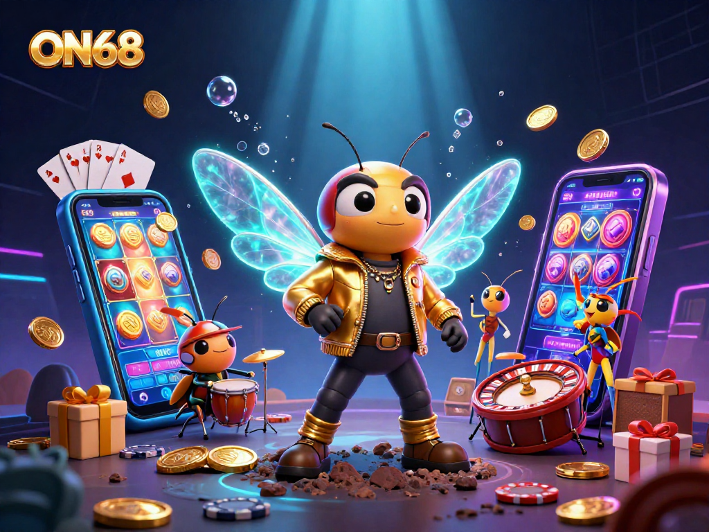 Experience ON68 with exciting slots and vibrant casino action in a dynamic illustration.